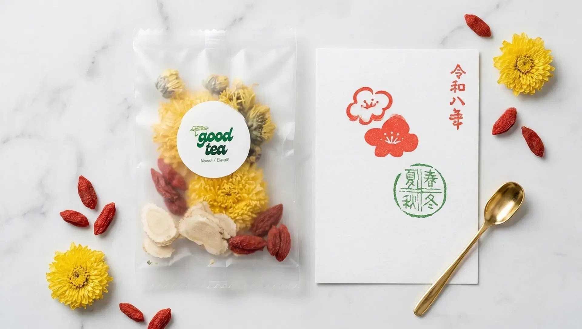 Good Tea blend pouch with chrysanthemum flowers and goji berries