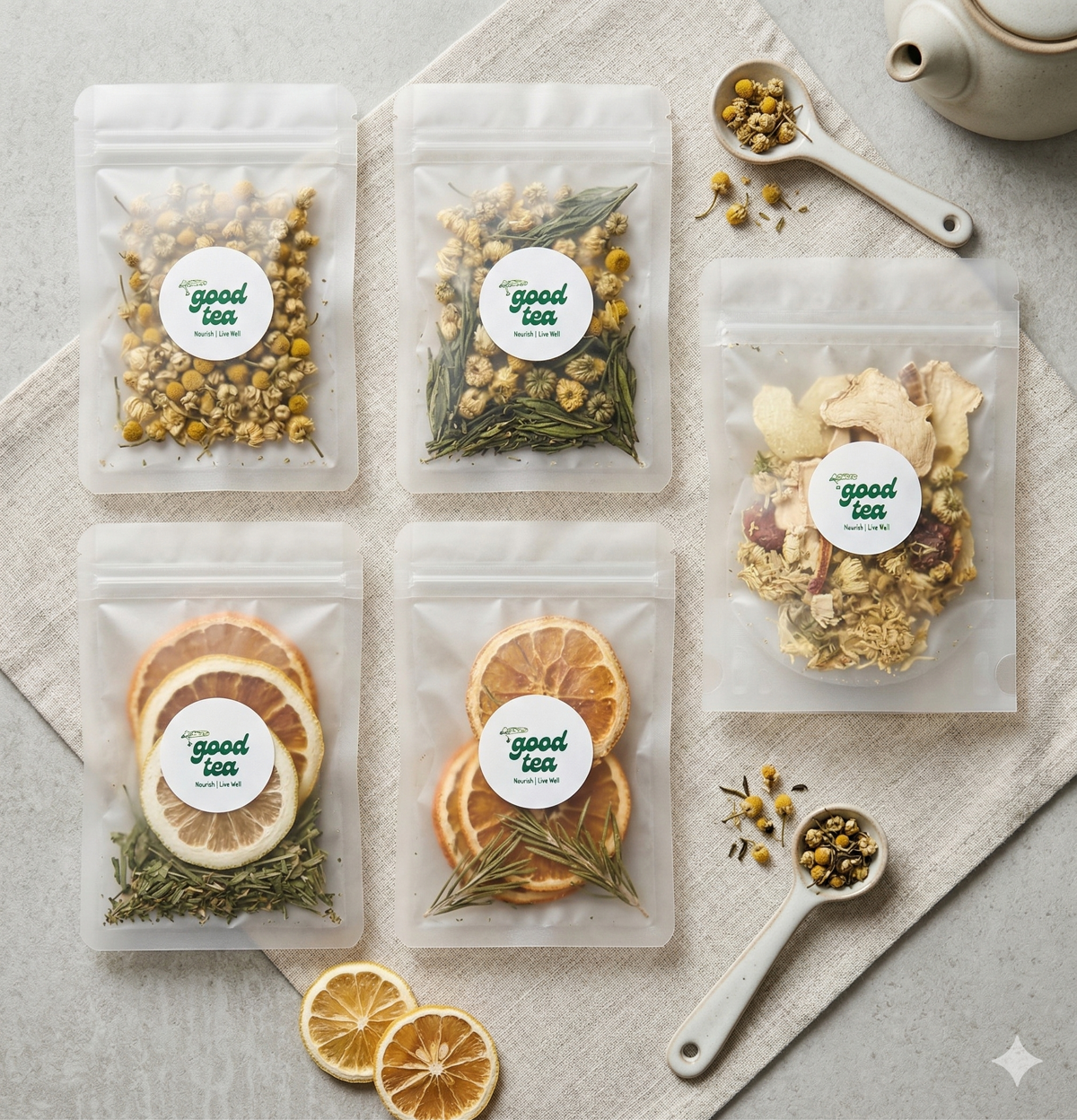 The Good Tea range — five botanical blend pouches